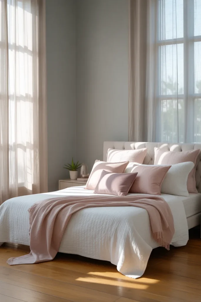9. Gray Walls with Soft Pastel Touches