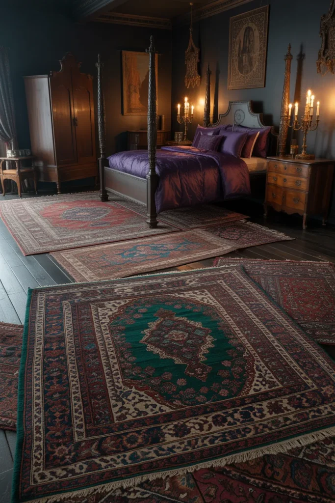 9. Layered Rugs in Dark Patterns
