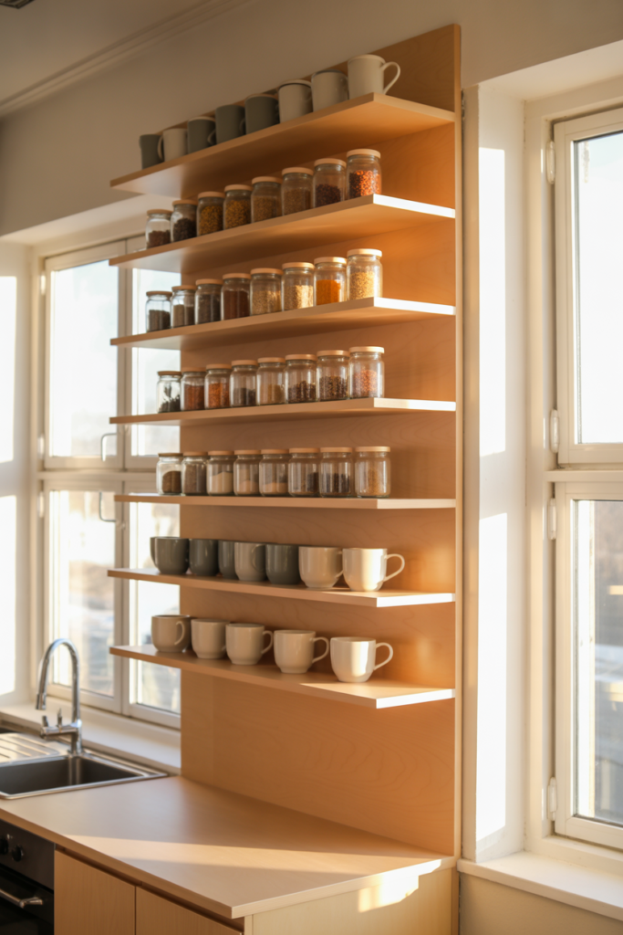 9. Narrow Open Shelves for Small Kitchens