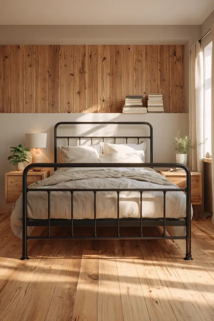3. Black Bed Frames Paired with Warm Wood Accents