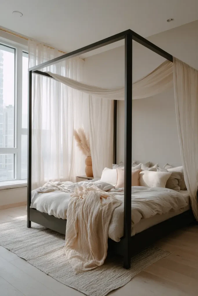 Black Bed Frames with Soft Curtains and Fabrics