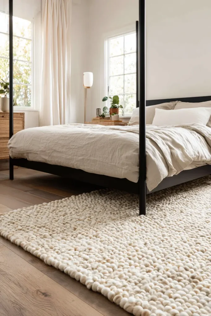 Black Bed Frames with Textured Rugs