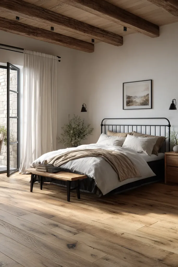 3. Black Iron Beds Paired with Warm Wood Elements