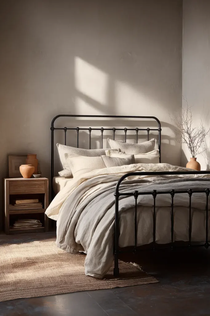 14. Black Iron Beds in Neutral Industrial Palettes
