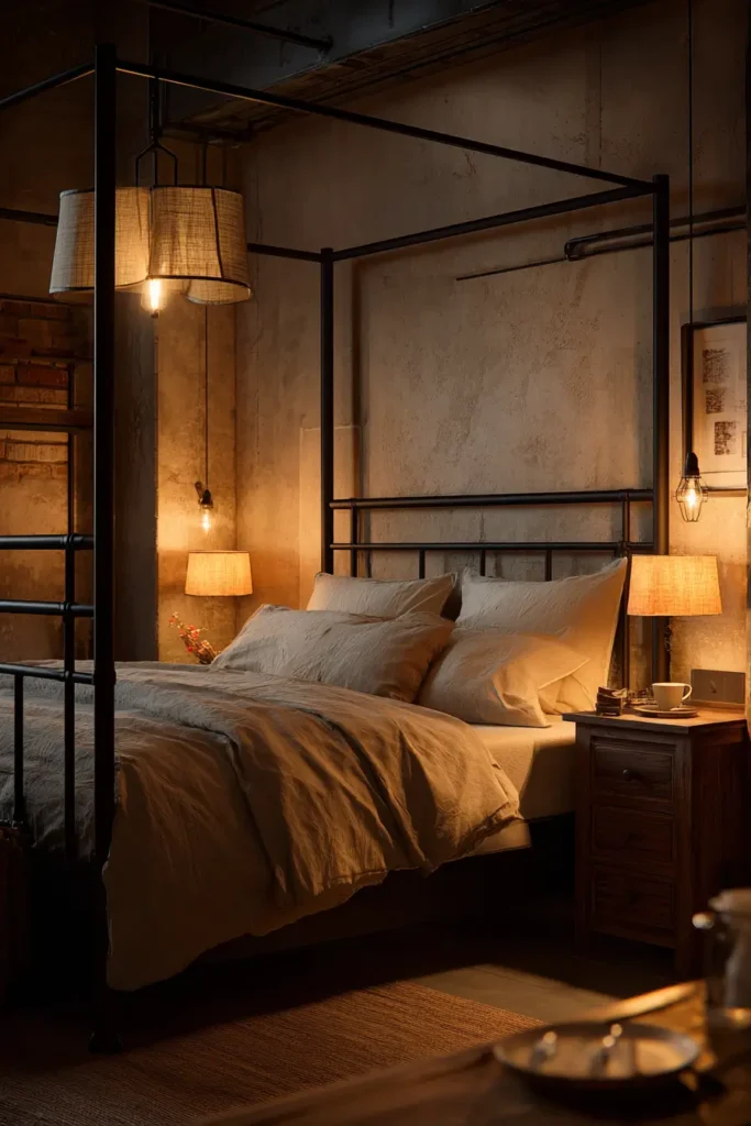 10. Black Iron Beds with Statement Lighting