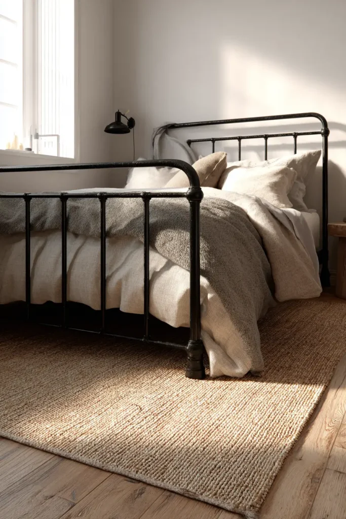 12. Black Iron Beds with Textured Rugs