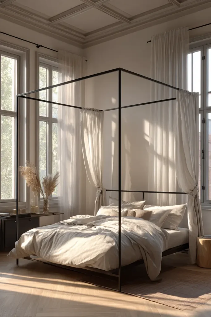 5. Black Iron Canopy Beds with an Airy Feel