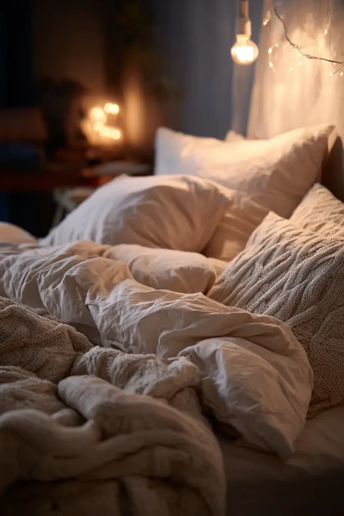 Cozy Bedding Close-Up Shots at Night