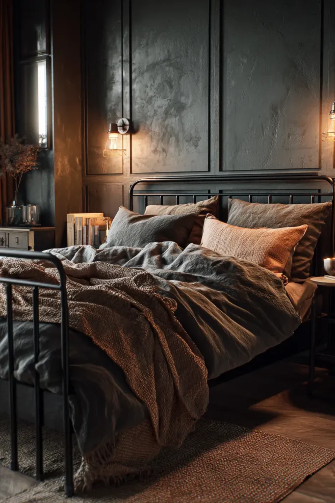 7. Industrial Chic Bedrooms with Dark Walls