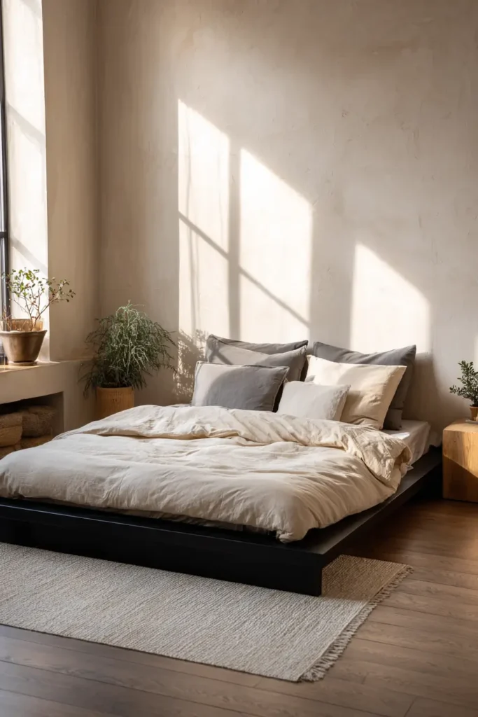 Minimal Black Bed Frames with Soft Neutral Bedding