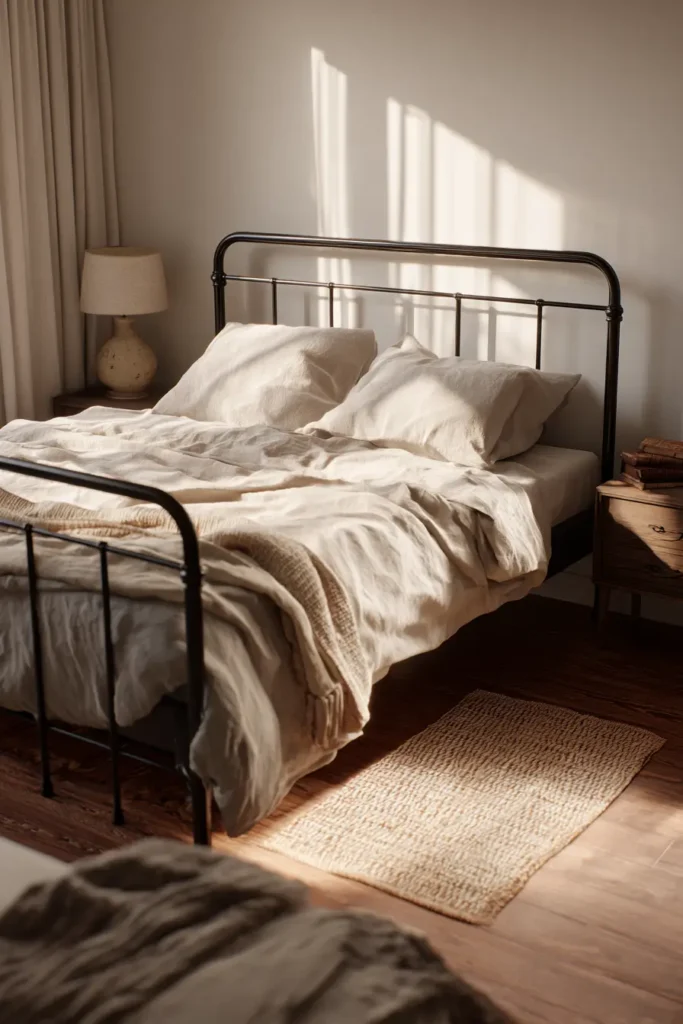 1. Minimal Black Iron Bed Frames with Soft Neutral Bedding