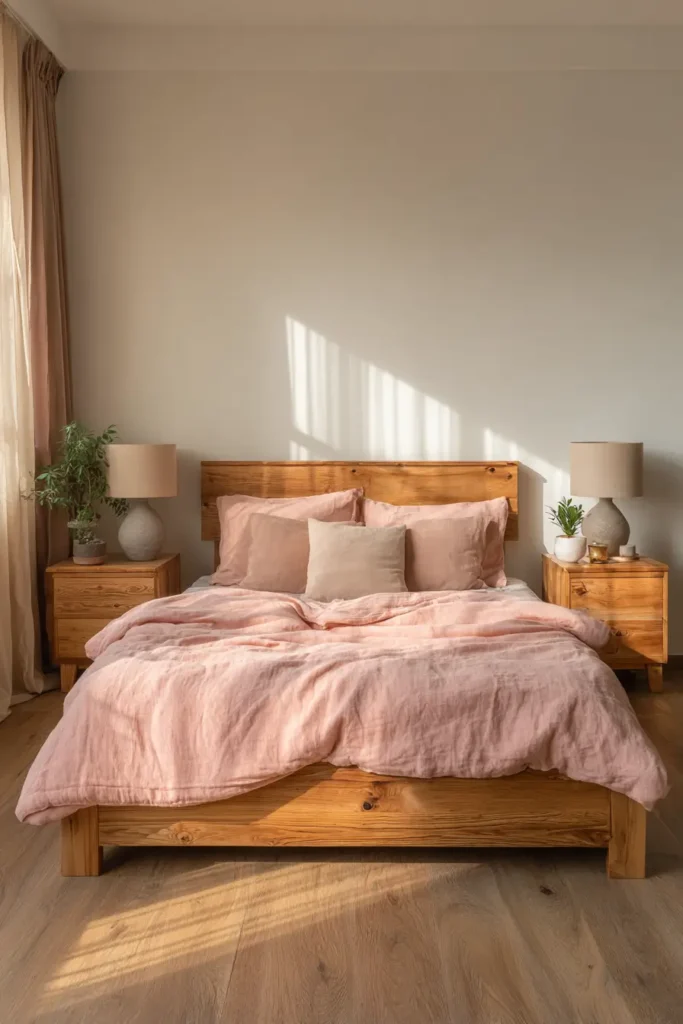 Pink Comforters Paired with Natural Wood