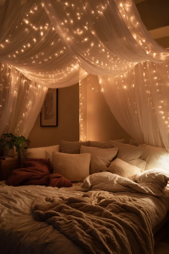 Romantic Bedroom Photos with Fairy Light Canopies