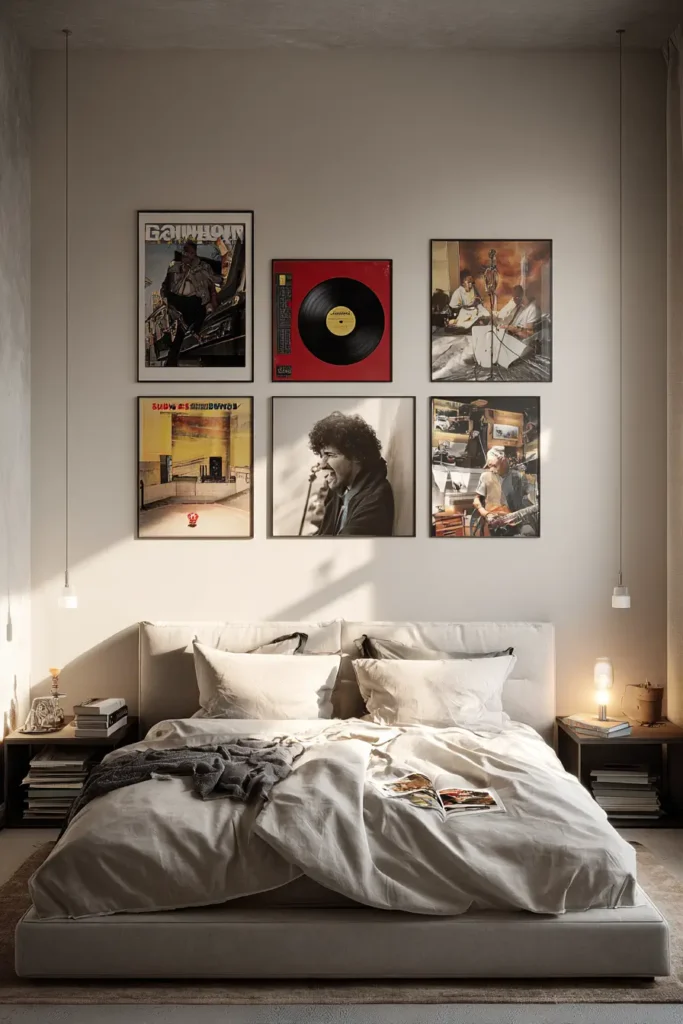 Album Covers Above the Bed as a Strong Focal Point
