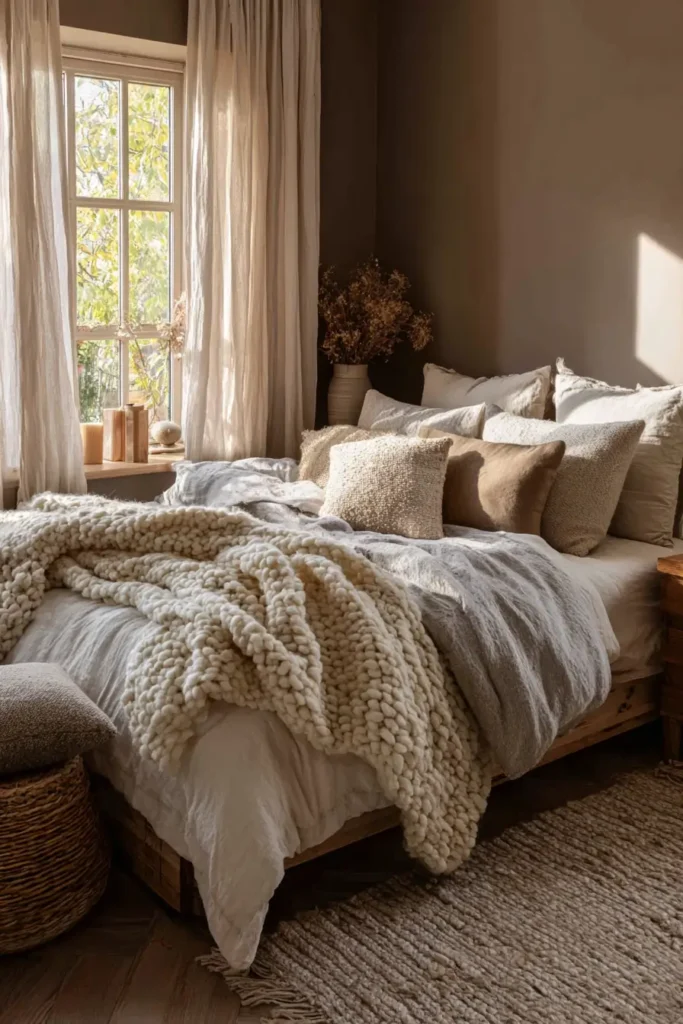 Brown Wall Bedrooms Enhanced with Textured Fabrics