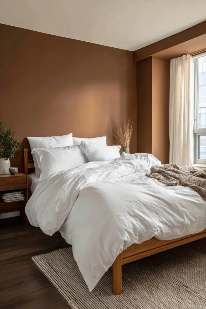 Brown Walls Paired with White Bedding for Balance