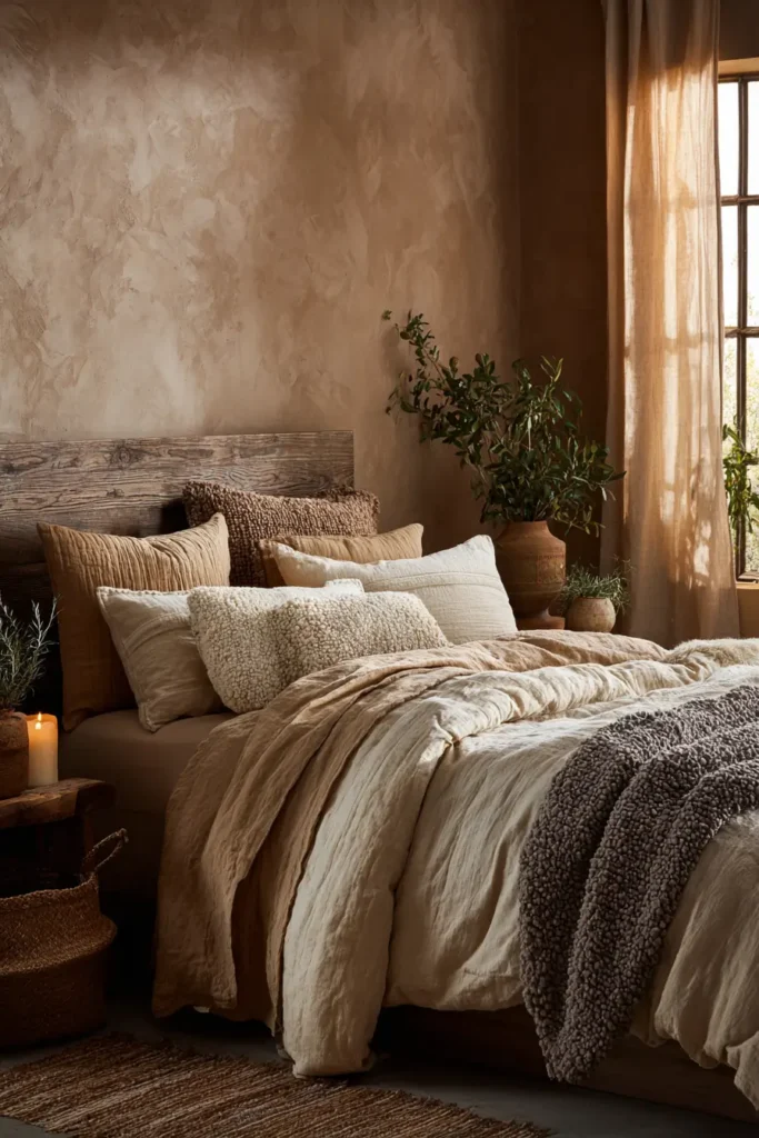 Cozy Brown Wall Bedrooms with Layered Bedding