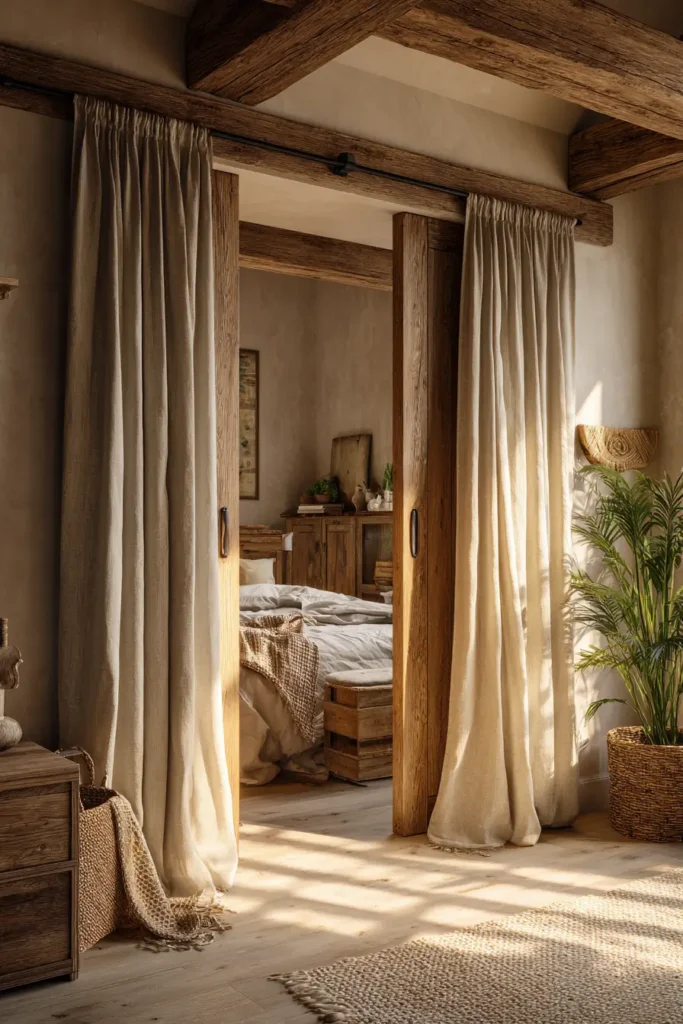 Curtains Paired with Wooden Rods for Warmth
