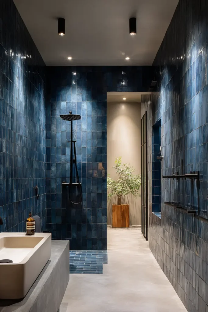 Dark Blue Tiles with Black Fixtures