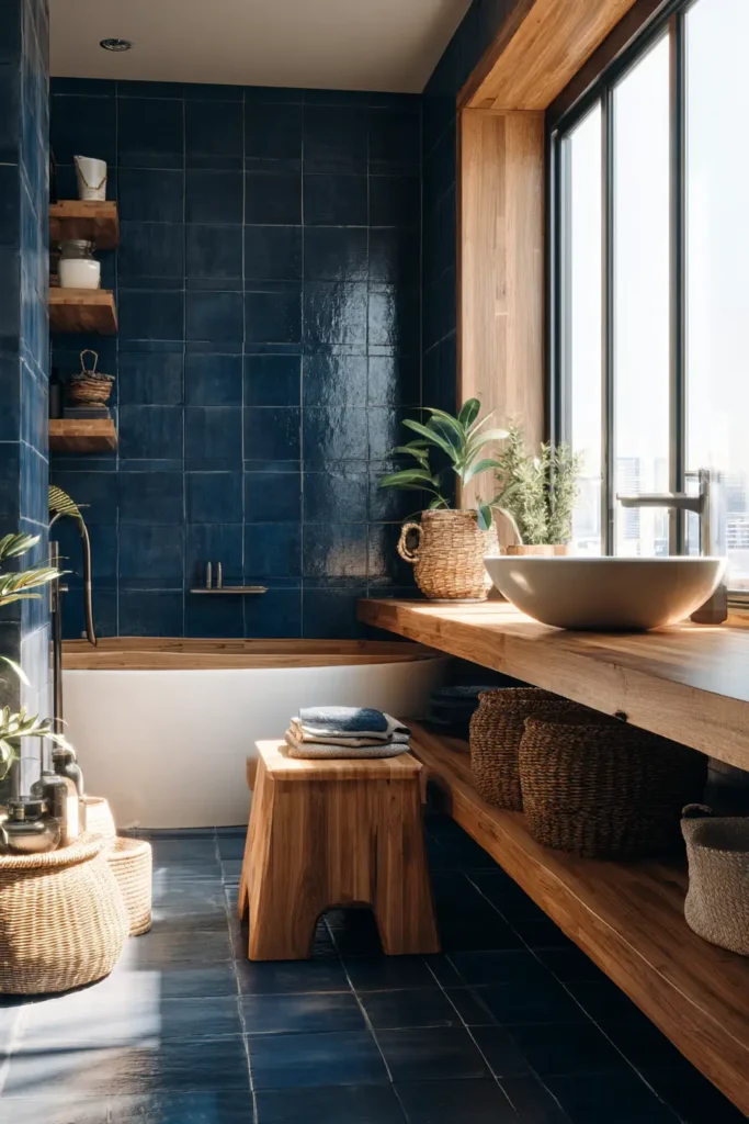 Dark Blue Tiles with Natural Wood Elements