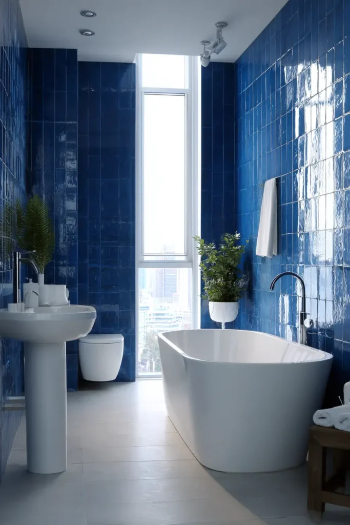 Dark Blue Tiles with White Fixtures