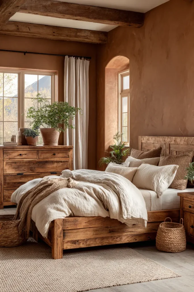 Earthy Brown Walls with Wooden Furniture