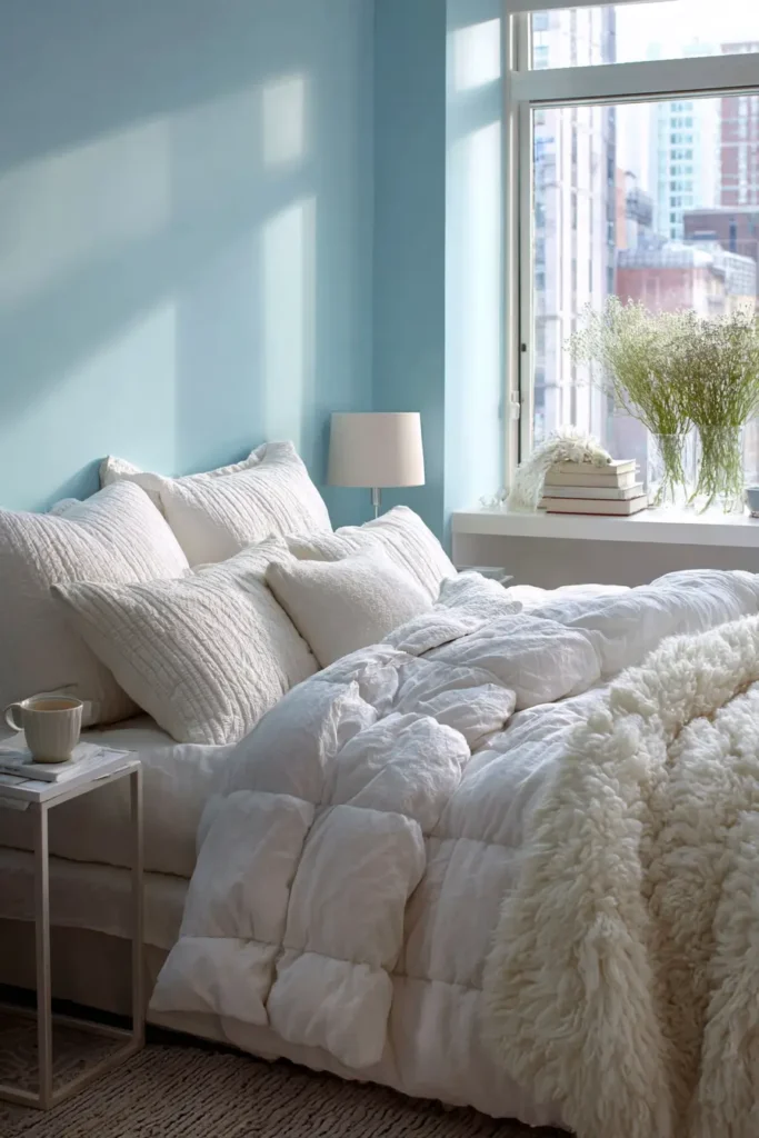 Light Blue Walls with Layered White Bedding