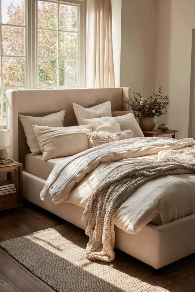 Neutral Upholstered Beds with Layered Bedding