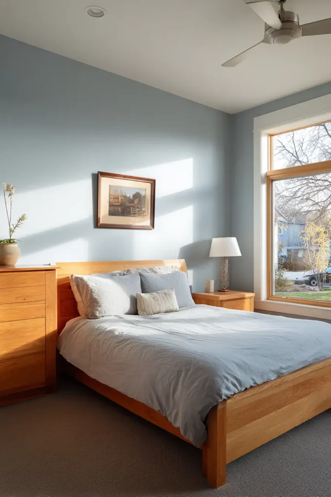 Soft Blue Walls Paired with Light Wood