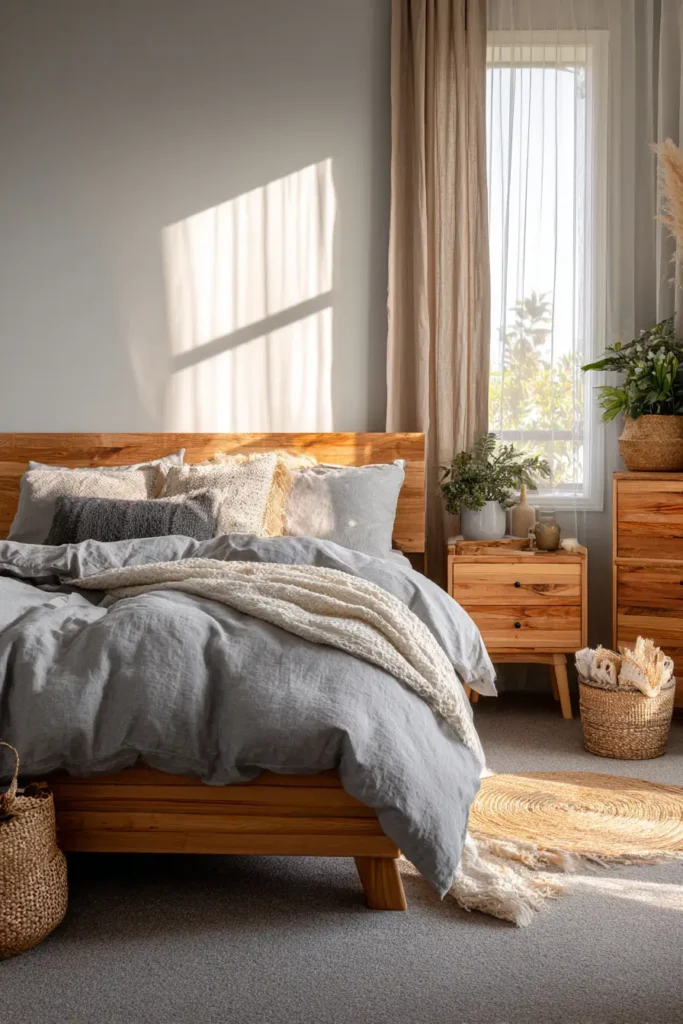 Soft Gray Comforters with Natural Wood Elements
